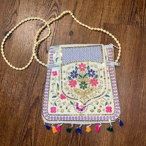 Handmade Embroidered Boho White Colorful Floral Metallic Small Crossbody Bag